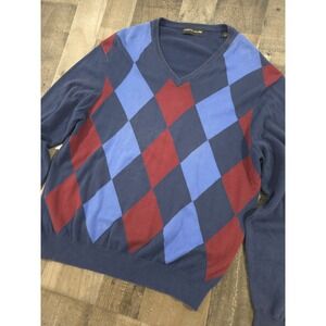 Nicklaus Mens V-Neck Argyle Sweater Navy Blue Pima Cotton Long Sleeve Golf Large